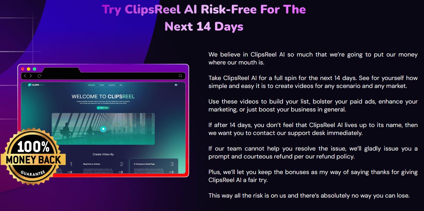 ClipsReel AI money back guarantee